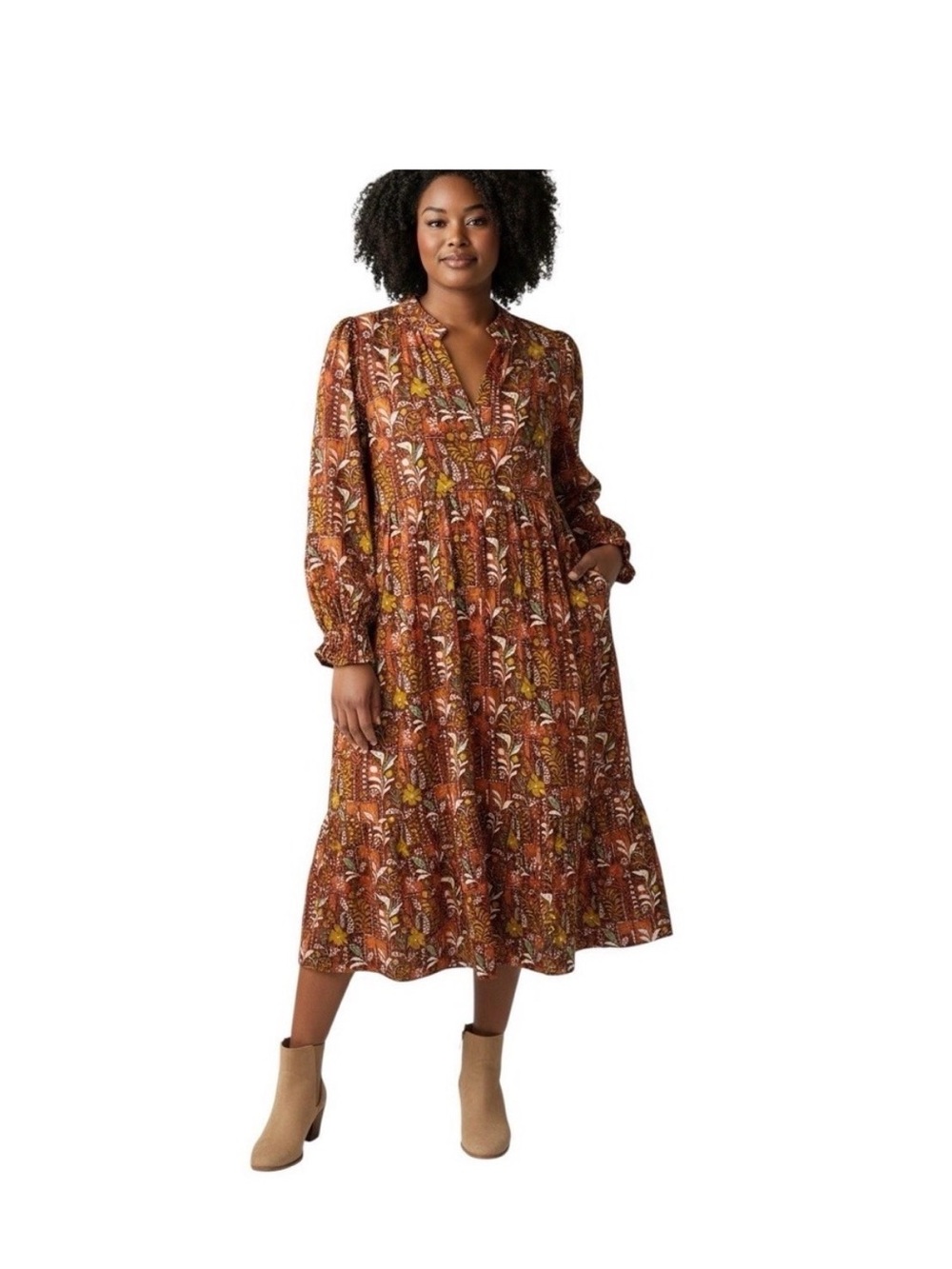 Umgee Cotton Rust Floral Tiered Midi Dress 2XL